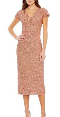 Mac Duggal 10766 Copper Sequin V-Neck Cap Sleeve Midi Dress Size 8 $298
